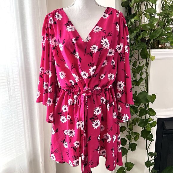Lane Bryant Hot Pink Floral Flowy Bell Sleeve Short Dress - Plus Size 18/20 - Picture 1 of 9